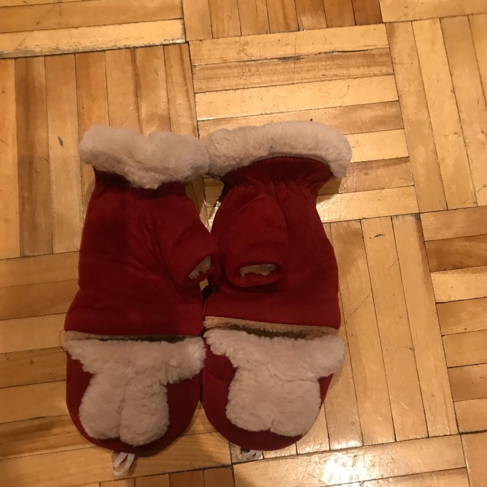 3/15$ Red and White Winter Mittens with Faux Fur Trim​